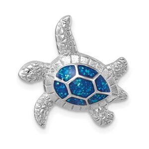 9252 Sterling Silver RH-plated Blue Enamel swimming turtle slide pendant charm